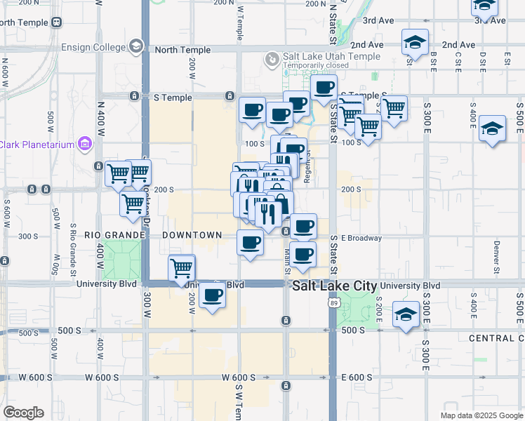 map of restaurants, bars, coffee shops, grocery stores, and more near 48 West Broadway in Salt Lake City