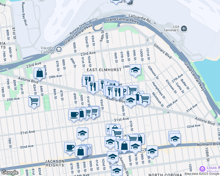map of restaurants, bars, coffee shops, grocery stores, and more near 94-12 25th Avenue in Queens