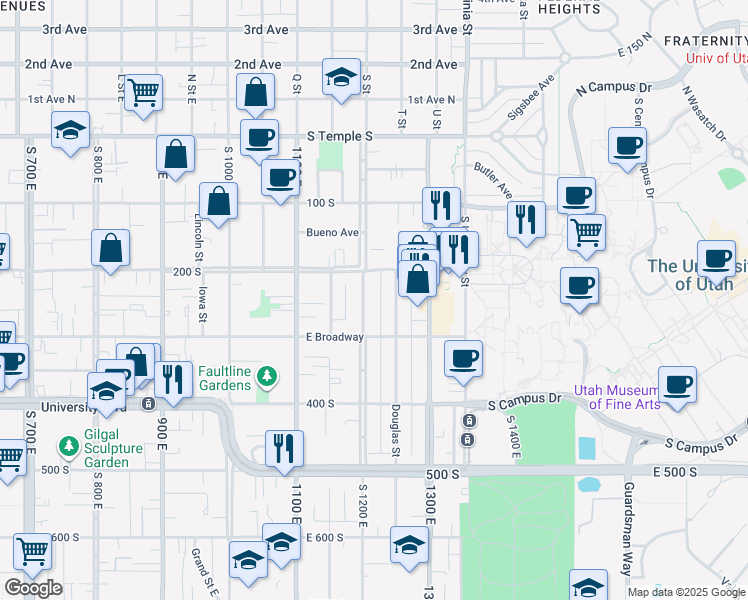 map of restaurants, bars, coffee shops, grocery stores, and more near 235 South 1200 East in Salt Lake City