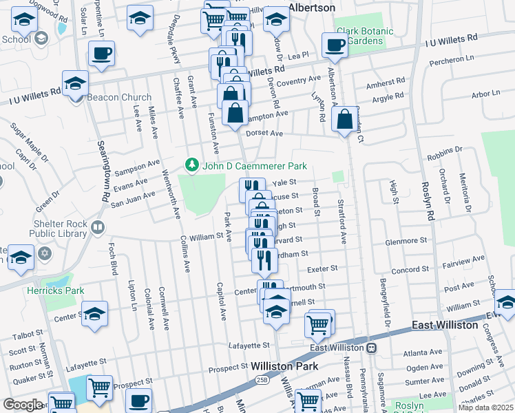 map of restaurants, bars, coffee shops, grocery stores, and more near 700 Willis Avenue in Williston Park