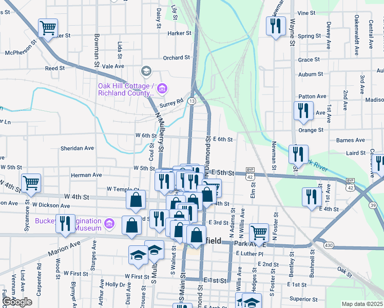 map of restaurants, bars, coffee shops, grocery stores, and more near 206 North Main Street in Mansfield