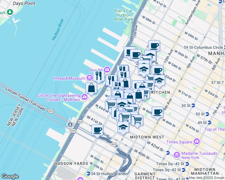 map of restaurants, bars, coffee shops, grocery stores, and more near 621 West 46th Street in New York