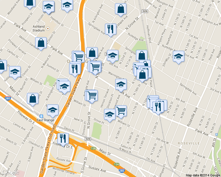 map of restaurants, bars, coffee shops, grocery stores, and more near 80 Vernon Terrace in East Orange