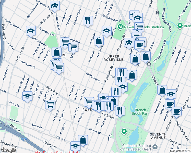map of restaurants, bars, coffee shops, grocery stores, and more near 244 North 9th Street in Newark