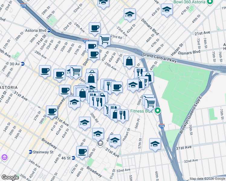 map of restaurants, bars, coffee shops, grocery stores, and more near 25-74 46th Street in Queens