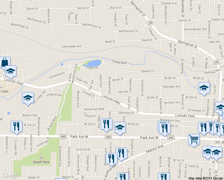 map of restaurants, bars, coffee shops, grocery stores, and more near 192 Rowland Ave in Mansfield