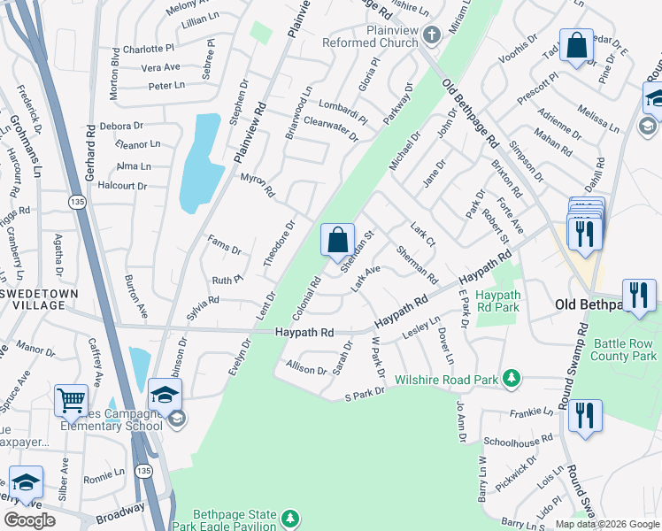 map of restaurants, bars, coffee shops, grocery stores, and more near 20 Sheridan Street in Old Bethpage
