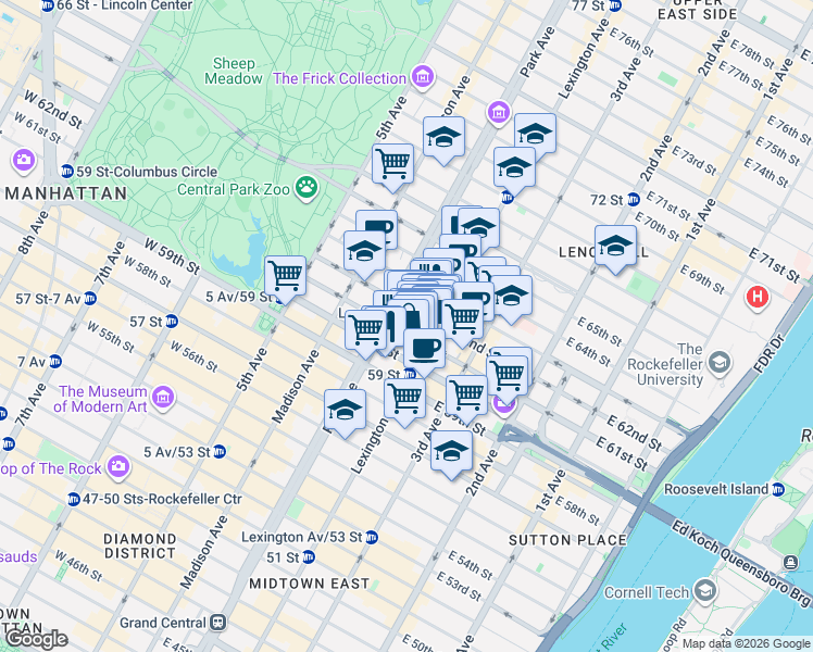 map of restaurants, bars, coffee shops, grocery stores, and more near 115 East 61st Street in New York