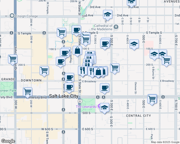 map of restaurants, bars, coffee shops, grocery stores, and more near 231 South Edison Street in Salt Lake City