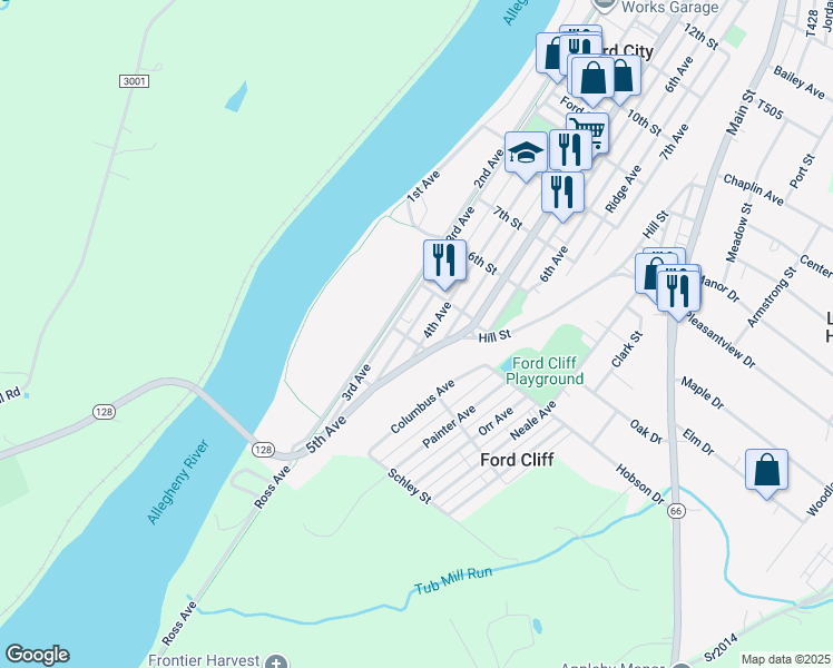 map of restaurants, bars, coffee shops, grocery stores, and more near 405 4th Avenue in Ford City