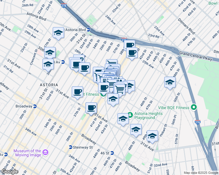 map of restaurants, bars, coffee shops, grocery stores, and more near 28-65 Steinway Street in Queens