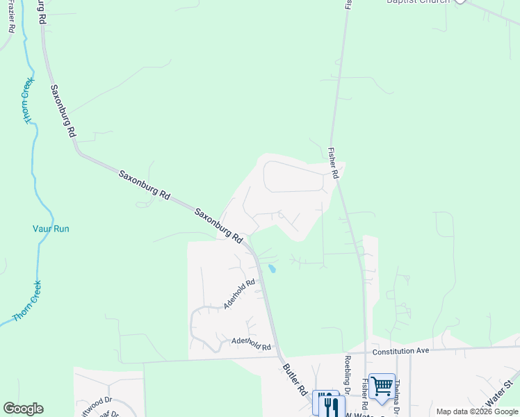 map of restaurants, bars, coffee shops, grocery stores, and more near 109 May Drive in Saxonburg