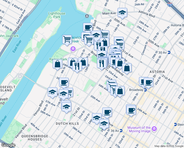 map of restaurants, bars, coffee shops, grocery stores, and more near 33-55 14th Street in Queens