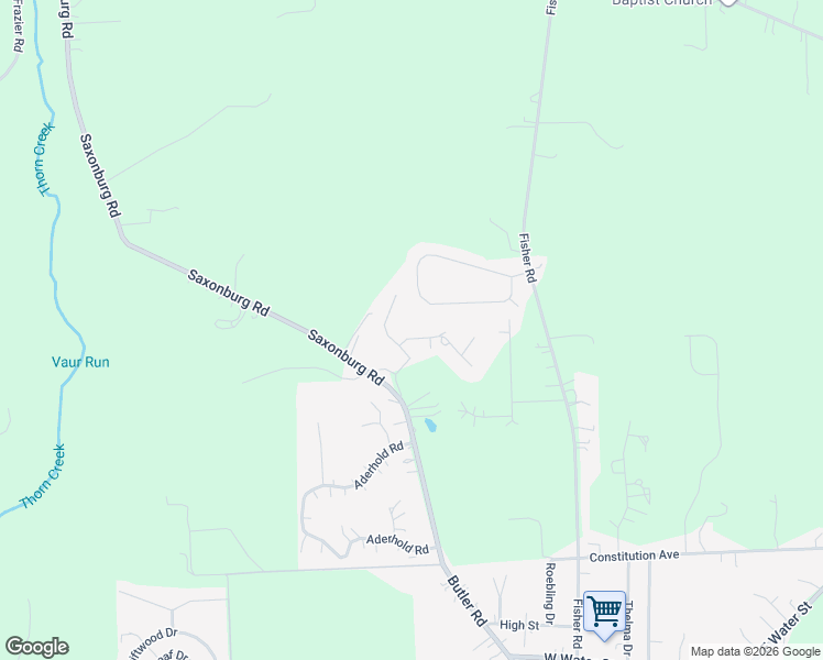 map of restaurants, bars, coffee shops, grocery stores, and more near 109 May Drive in Saxonburg