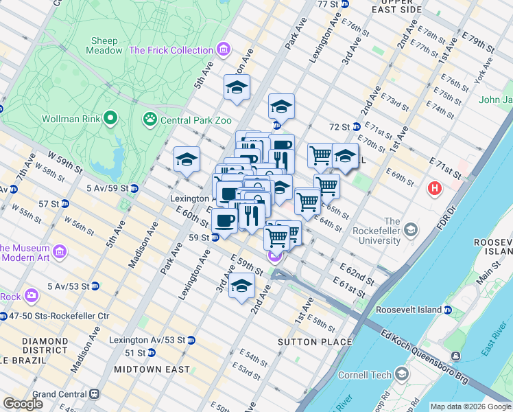 map of restaurants, bars, coffee shops, grocery stores, and more near 166 East 63rd Street in New York