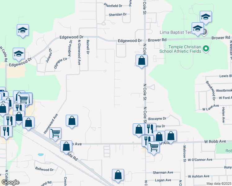 map of restaurants, bars, coffee shops, grocery stores, and more near 1900 Brookhaven Drive in Lima
