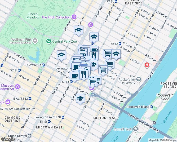 map of restaurants, bars, coffee shops, grocery stores, and more near 3rd Ave & E 63rd St in New York