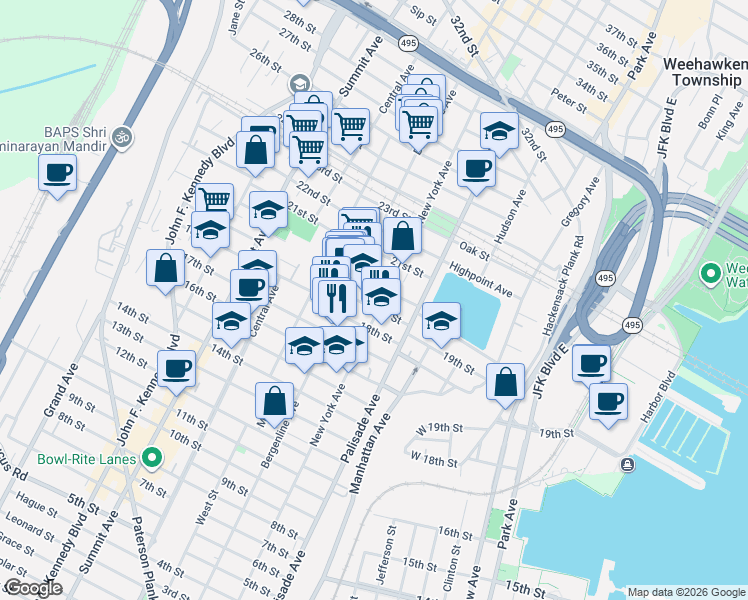 map of restaurants, bars, coffee shops, grocery stores, and more near 412 19th Street in Union City