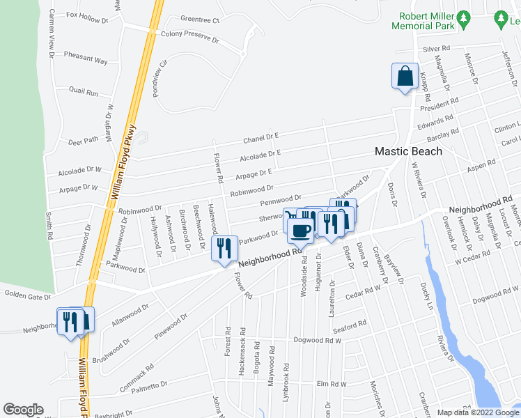 map of restaurants, bars, coffee shops, grocery stores, and more near 58 Pennwood Drive in Mastic Beach