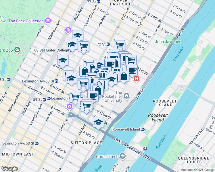 map of restaurants, bars, coffee shops, grocery stores, and more near 1222 1st Avenue in New York