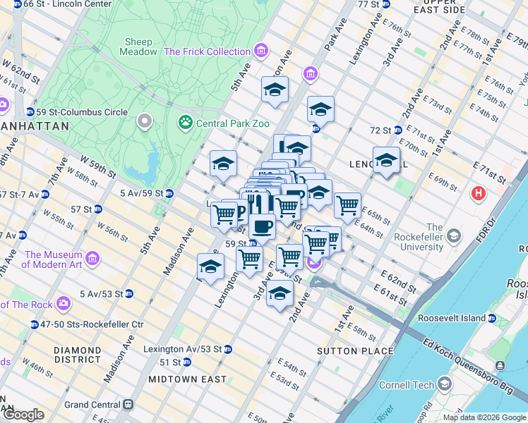 map of restaurants, bars, coffee shops, grocery stores, and more near 800 Lexington Avenue in New York