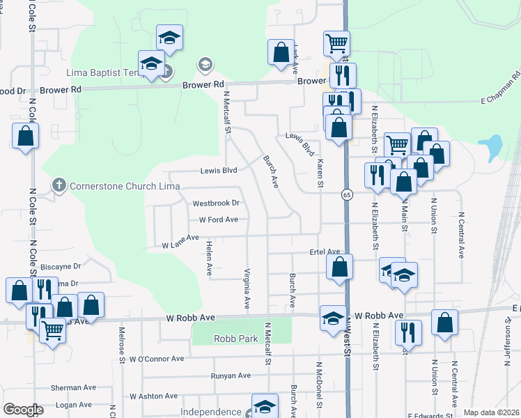 map of restaurants, bars, coffee shops, grocery stores, and more near 2025 North Metcalf Street in Lima