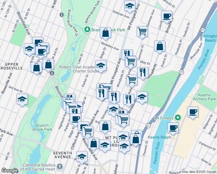map of restaurants, bars, coffee shops, grocery stores, and more near 346 Mount Prospect Avenue in Newark