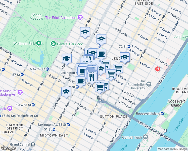 map of restaurants, bars, coffee shops, grocery stores, and more near 1062 3rd Avenue in New York