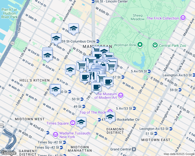 map of restaurants, bars, coffee shops, grocery stores, and more near 850 7th Avenue in New York