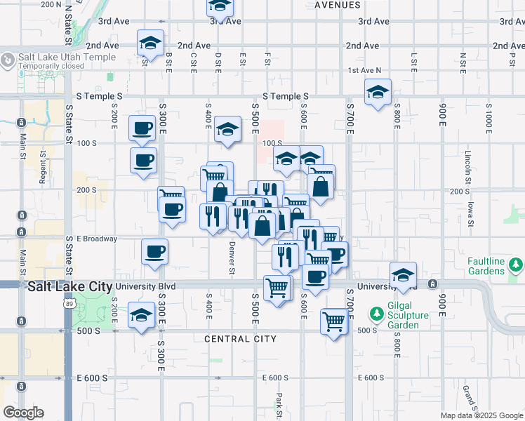 map of restaurants, bars, coffee shops, grocery stores, and more near 225 500 East in Salt Lake City