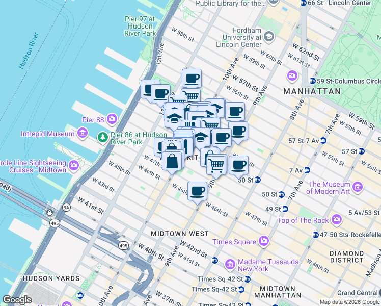 map of restaurants, bars, coffee shops, grocery stores, and more near 465 West 49th Street in New York