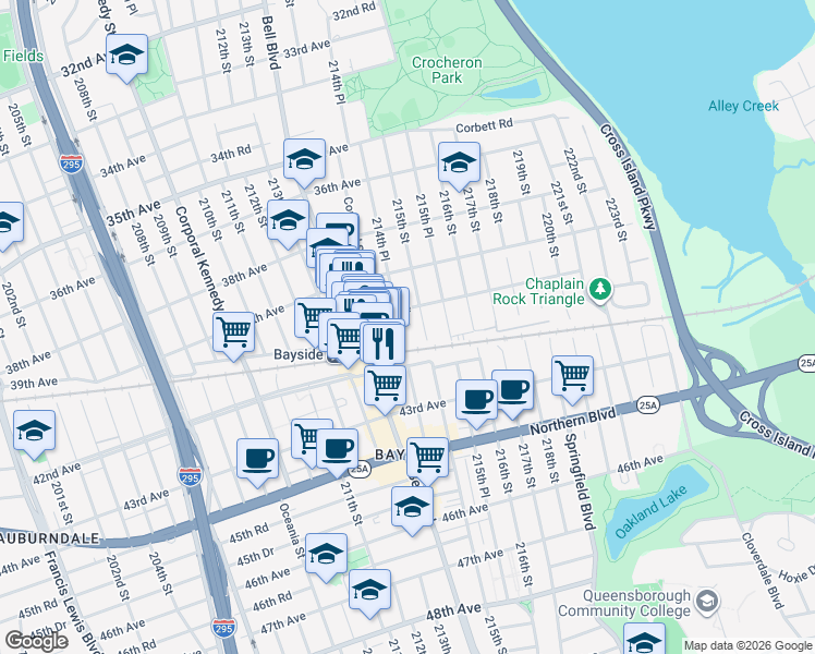 map of restaurants, bars, coffee shops, grocery stores, and more near 40-23 215th Street in Queens