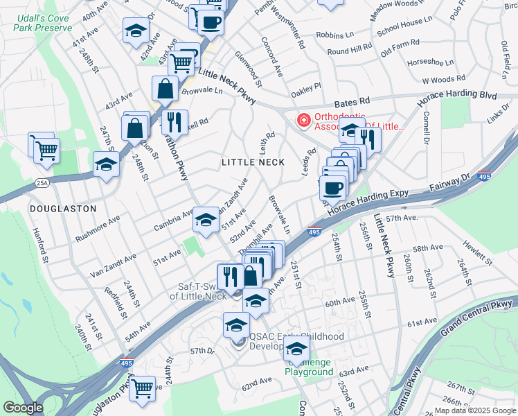 map of restaurants, bars, coffee shops, grocery stores, and more near 251-29 52nd Avenue in Queens