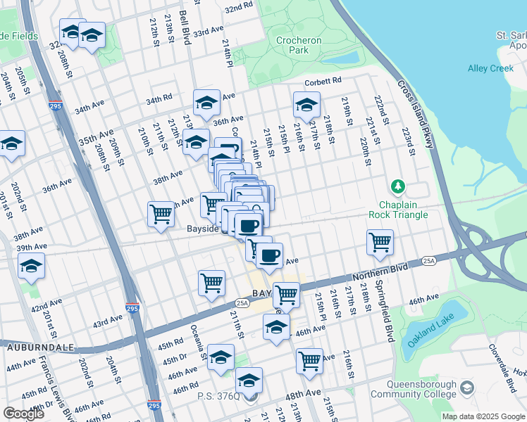 map of restaurants, bars, coffee shops, grocery stores, and more near 40-10 214th Place in Queens