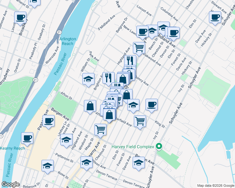 map of restaurants, bars, coffee shops, grocery stores, and more near 52 Liberty Street in Kearny