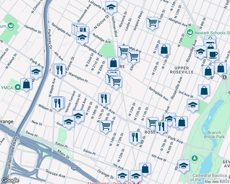 map of restaurants, bars, coffee shops, grocery stores, and more near 200 North 17th Street in East Orange