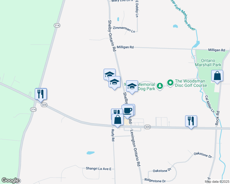 map of restaurants, bars, coffee shops, grocery stores, and more near 447 Shelby-Ontario Road in Ontario
