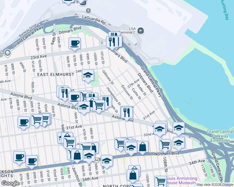 map of restaurants, bars, coffee shops, grocery stores, and more near 25-48 Gillmore Street in Queens