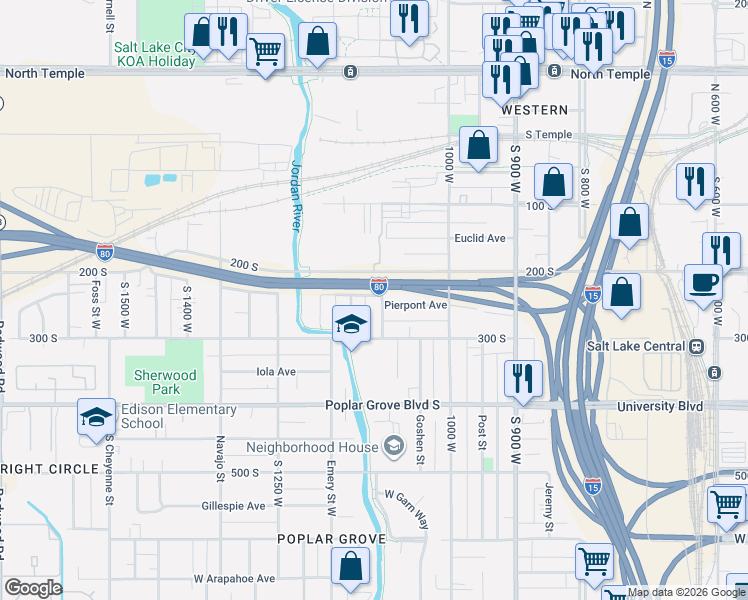 map of restaurants, bars, coffee shops, grocery stores, and more near 232 South 1100 West in Salt Lake City