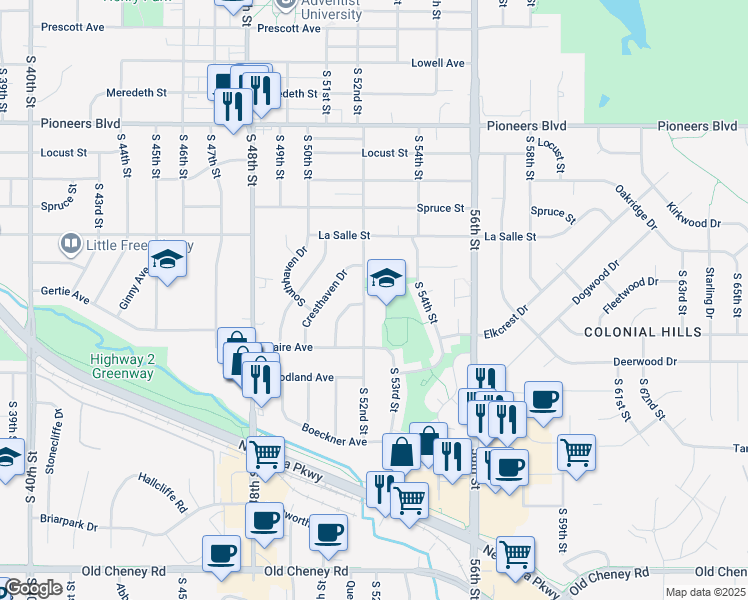 map of restaurants, bars, coffee shops, grocery stores, and more near 4900 South 52nd Street in Lincoln