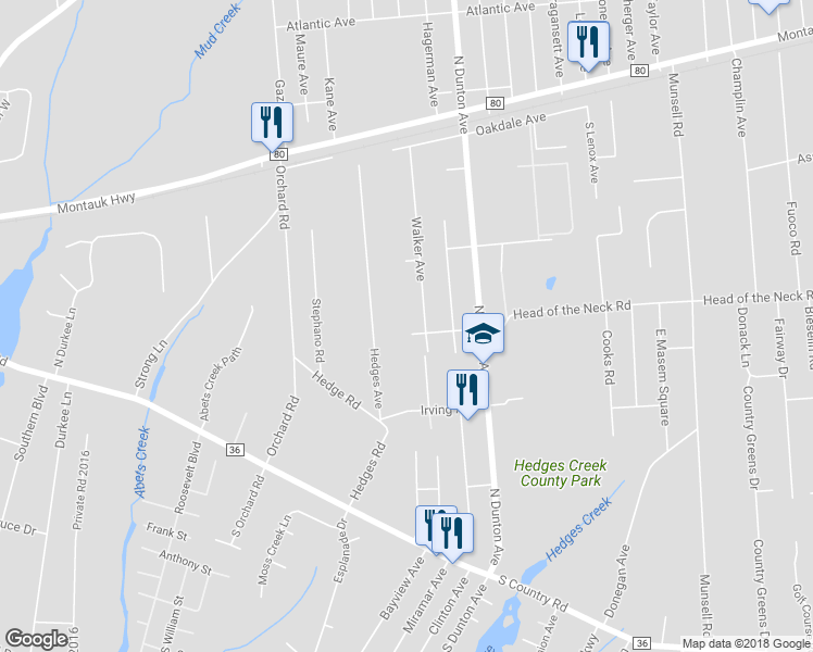 map of restaurants, bars, coffee shops, grocery stores, and more near 17 Puritan Avenue in East Patchogue