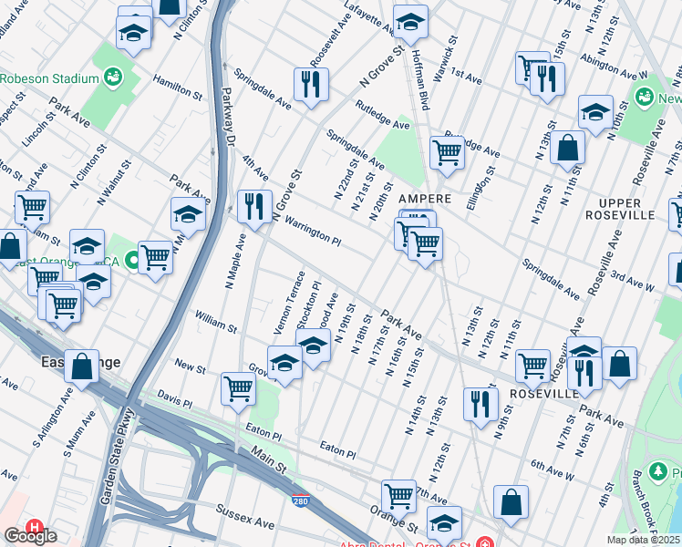 map of restaurants, bars, coffee shops, grocery stores, and more near 140 Park Avenue in East Orange