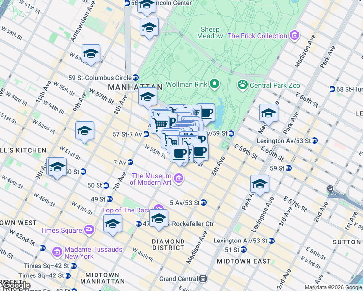 map of restaurants, bars, coffee shops, grocery stores, and more near 100 West 57th Street in New York