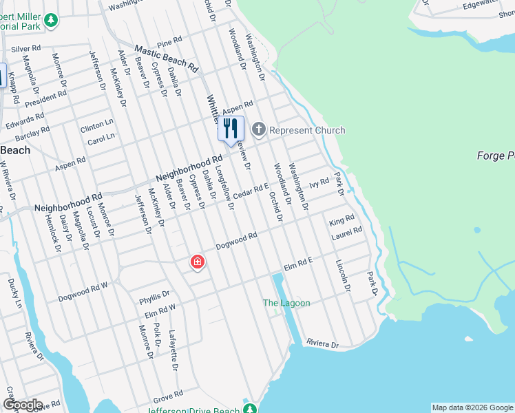 map of restaurants, bars, coffee shops, grocery stores, and more near 40 Lakeview Dr in Mastic Beach