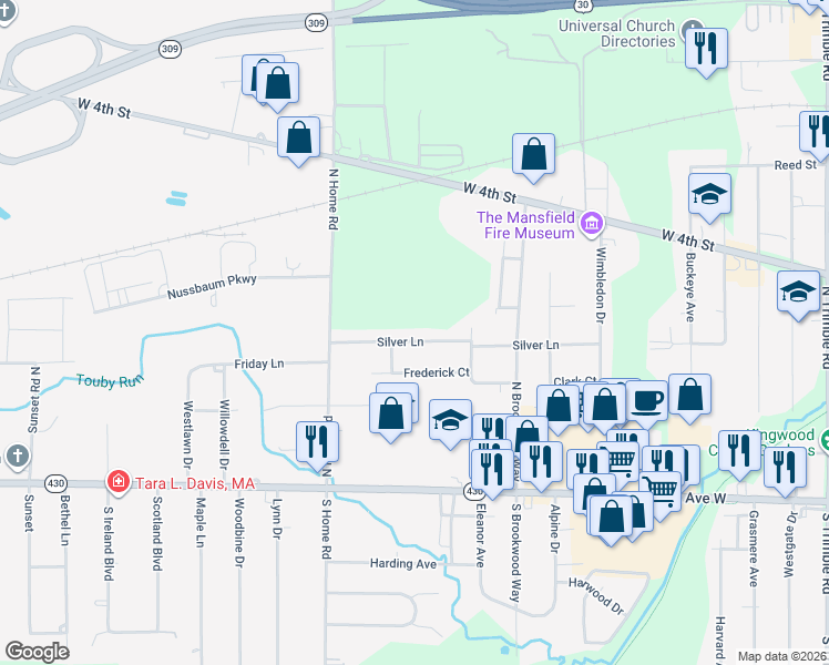 map of restaurants, bars, coffee shops, grocery stores, and more near 1440 Silver Lane in Mansfield