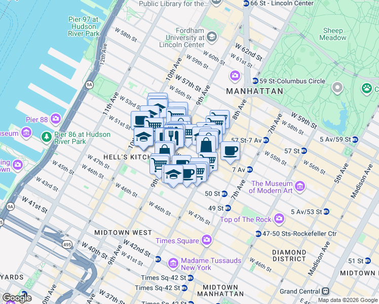 map of restaurants, bars, coffee shops, grocery stores, and more near 350 West 52nd Street in New York