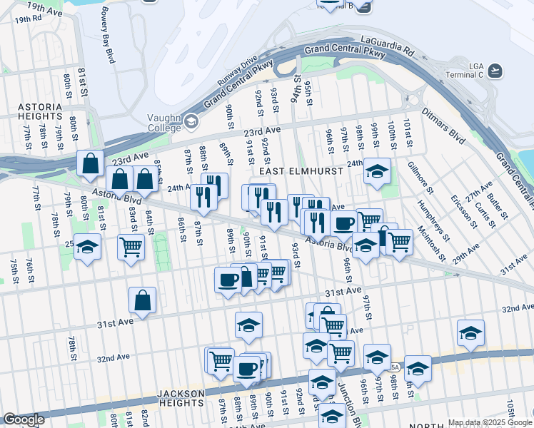 map of restaurants, bars, coffee shops, grocery stores, and more near 91-11 25th Avenue in Queens