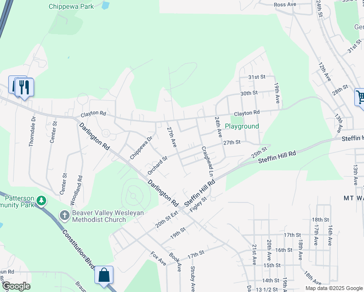 map of restaurants, bars, coffee shops, grocery stores, and more near 2528 Orchard Street in Beaver Falls