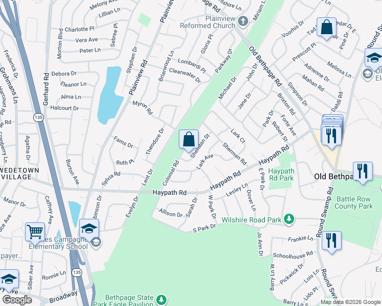 map of restaurants, bars, coffee shops, grocery stores, and more near 20 Sheridan Street in Old Bethpage