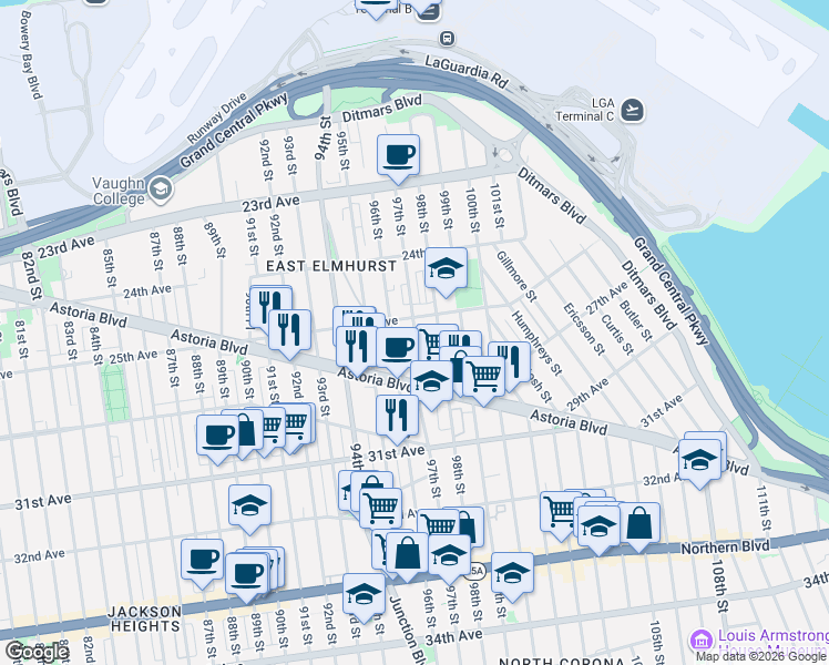 map of restaurants, bars, coffee shops, grocery stores, and more near 25-16 98th Street in Queens